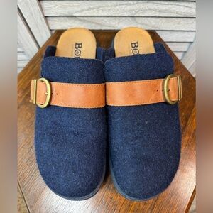 Born Lia - Navy Wool Clogs with Tan Leather Strap
